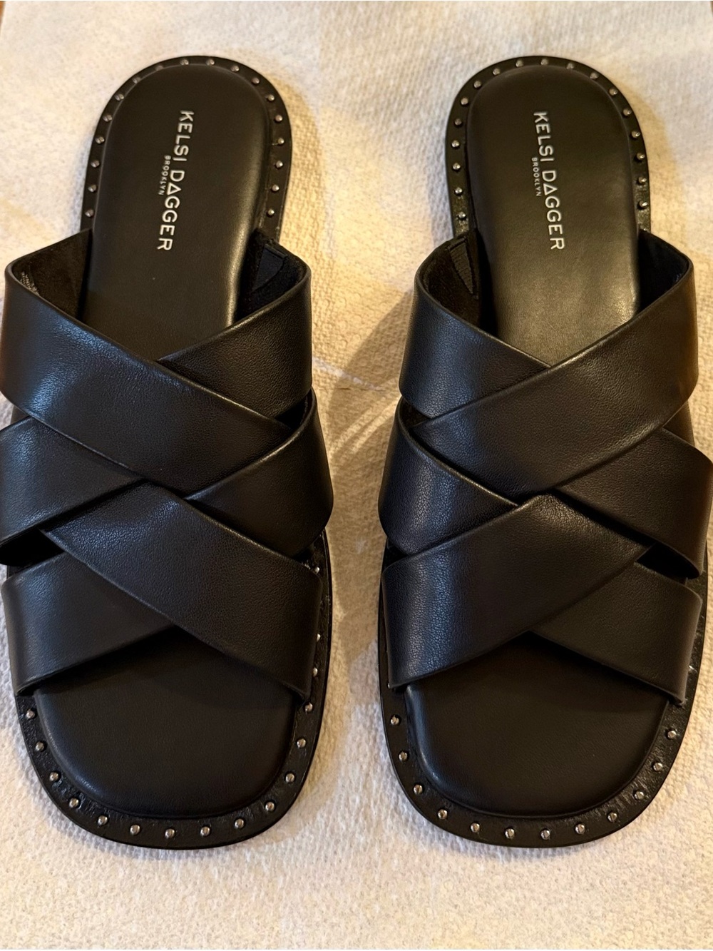 Kelsi Dagger Black Crisscross Stud-Trim Slide Sandals